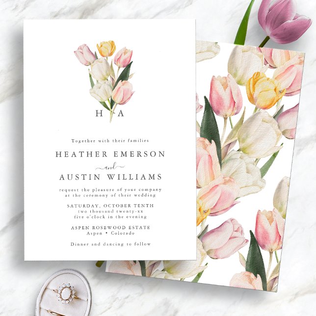 Convite Casamento da primavera Monogrammed (Elegant Watercolor Tulips Monogrammed Spring Wedding Invitation by Painted Paperie
)