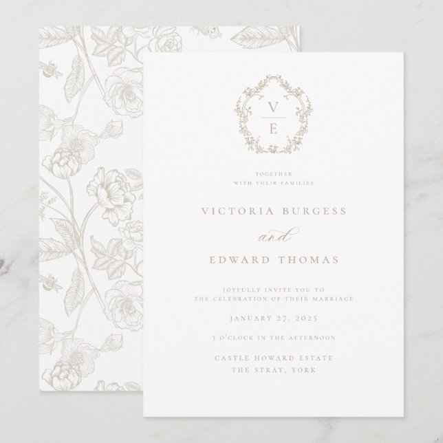 Convite Casamento da Regency Era Crest Beige Monogramas (Frente/Verso)