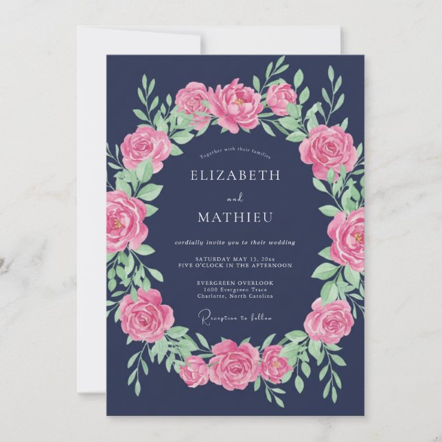 Convite Casamento da Rosa Azul-Marinho Elegante (Frente)