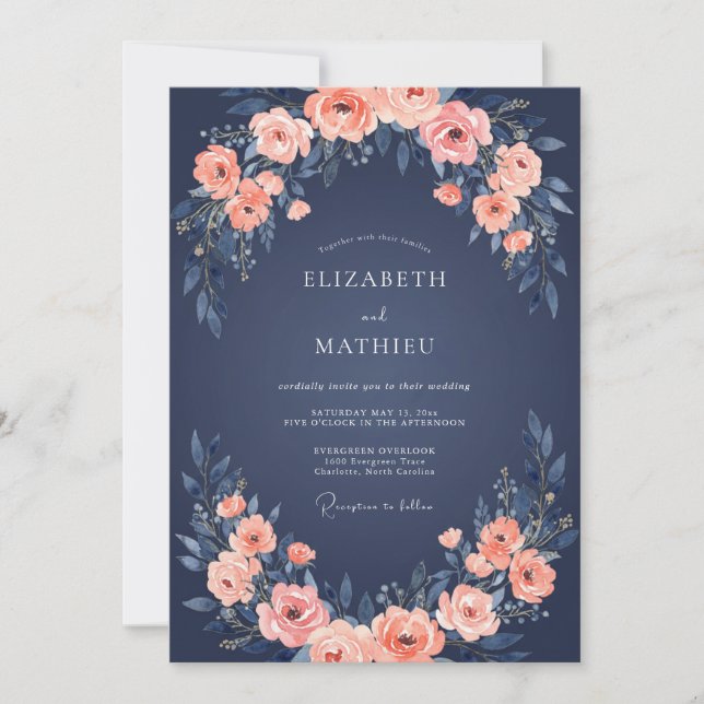 Convite Casamento da Rosa Encantadora Azul-Marinho (Frente)