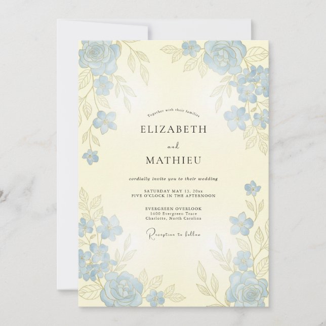 Convite Casamento da Rosa Graciosa Azul Empoeirada (Frente)