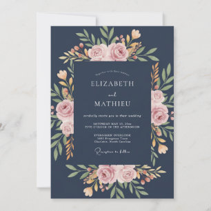 Convite Casamento da Rosa Majestosa Azul Naval