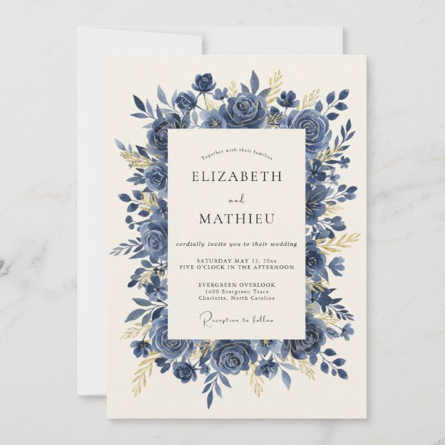 Convite Casamento da Rosa Prestigiosa Azul Marinho (Frente)