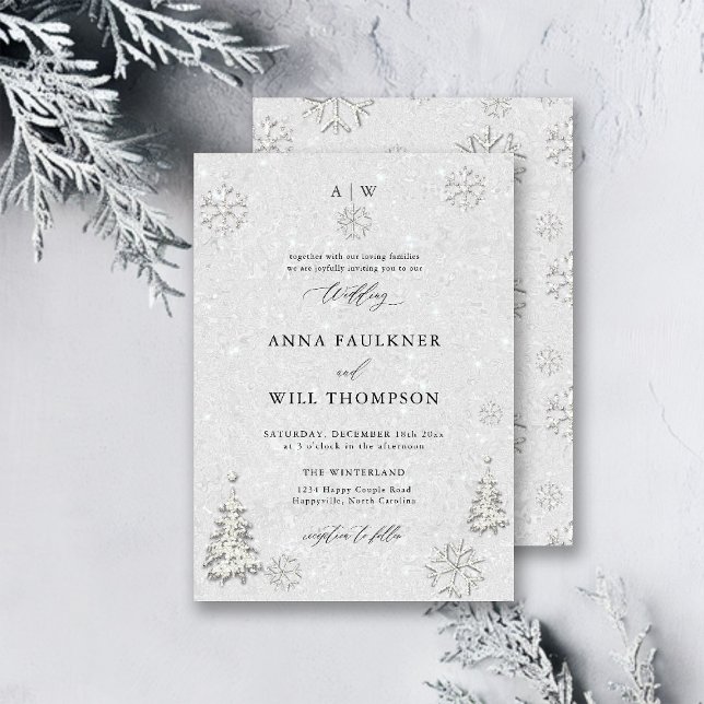Convite Casamento da Terra Maravilha do Pinho Branco casam (winter wedding invitation white wonderland christmas pine tree glitter black white snow flakes)