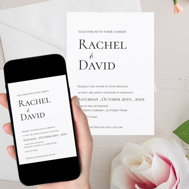 Convite Casamento da Tipografia Branca Negra Clássica (Classic Black White Elegant Typography Wedding Invitation)