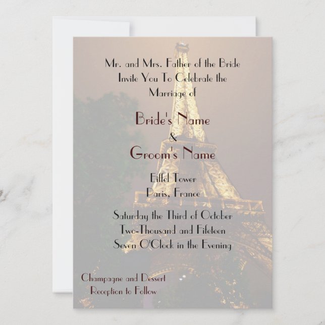 Convite Casamento da torre Eiffel da opinião da noite (Frente)