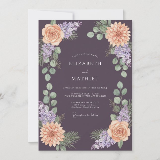 Convite Casamento Dahlia Ameixa Pêssego (Frente)