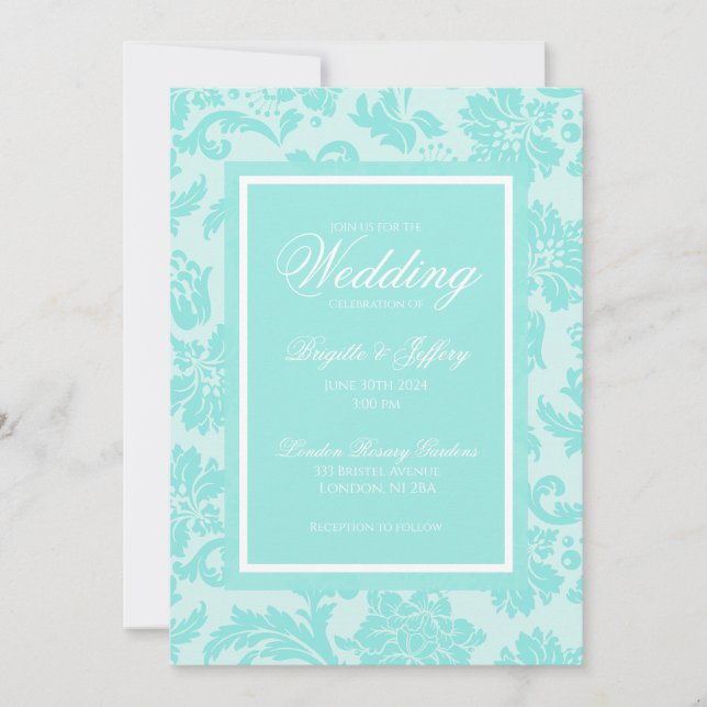 Convite Casamento damasco azul elegante (Frente)