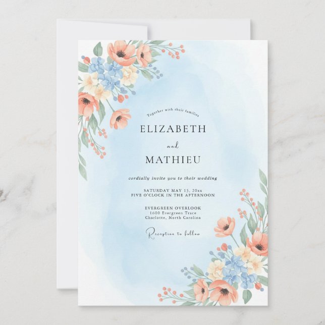 Convite Casamento Damasco Azul Ranunculus Eucalipto (Frente)