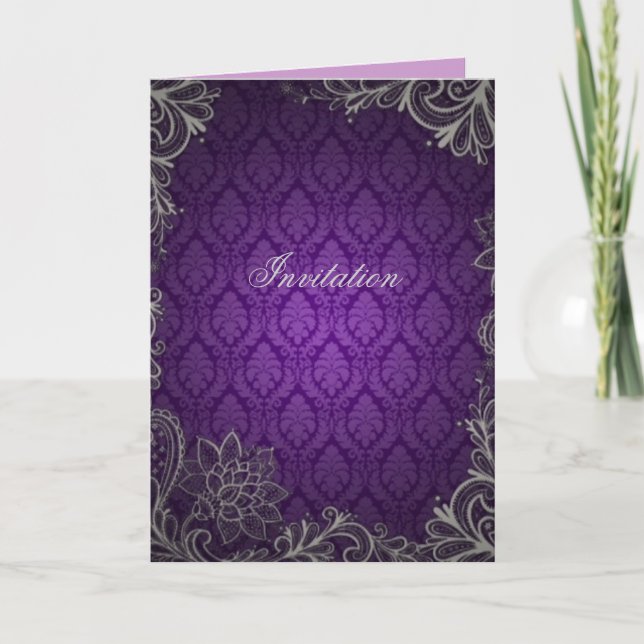 Convite casamento damasco roxo moderno e elegante (Frente)