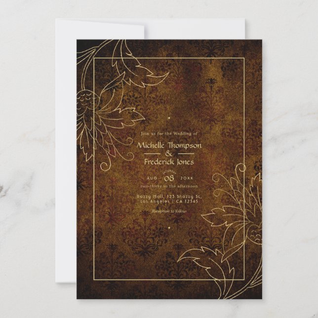 Convite Casamento Damasco Vintage Dourado (Frente)