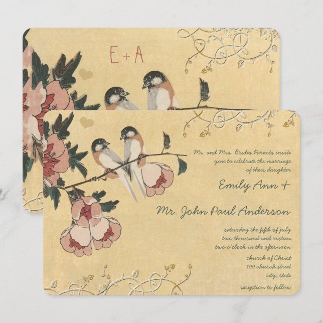 Convite Casamento Damask com Toutinegra de Cerejeira Vinta (Frente/Verso)