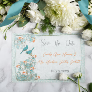 Convite Casamento Damask Laranja Turquesa Aves Vintage