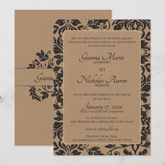 Convite Casamento Damask Natural Kraft Brown (Frente/Verso)