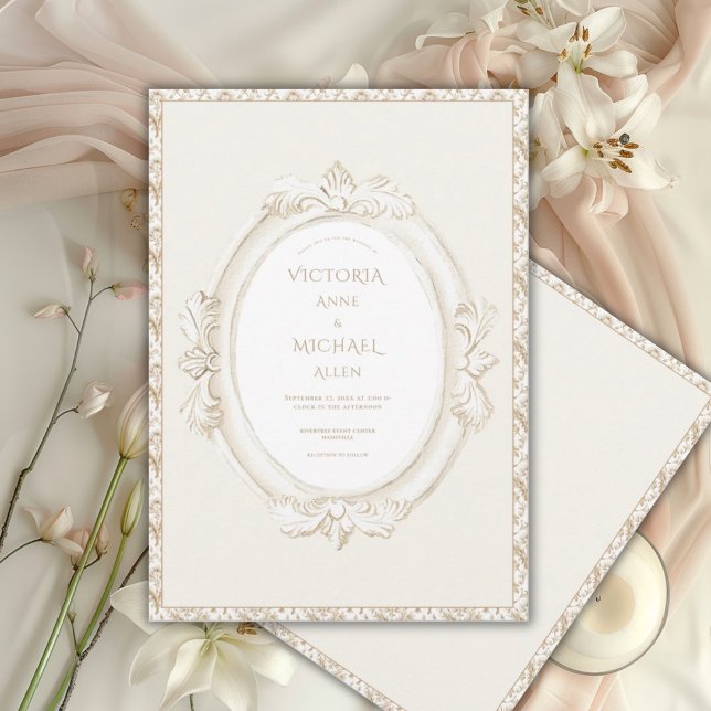 Convite Casamento Damask Neutro Elegante Vintage (Criador carregado)