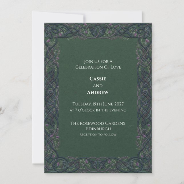 Convite Casamento Dark Green Celtic Knot Thistle (Frente)