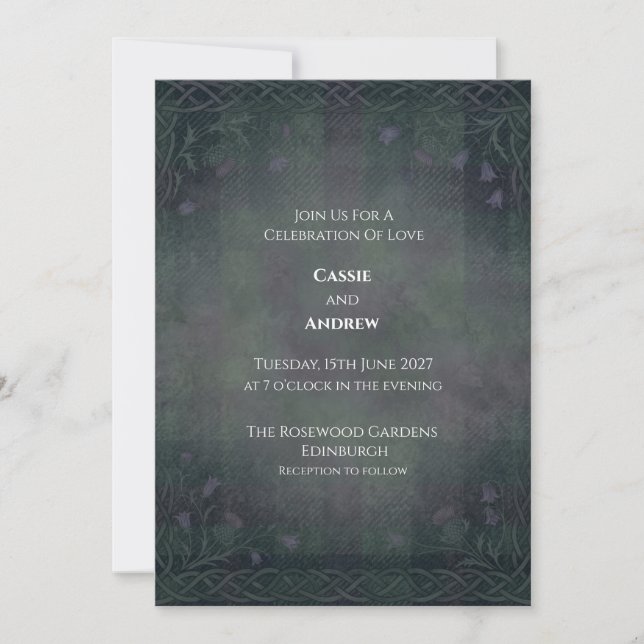 Convite Casamento Dark Green Celtic Tartan Bluebell (Frente)
