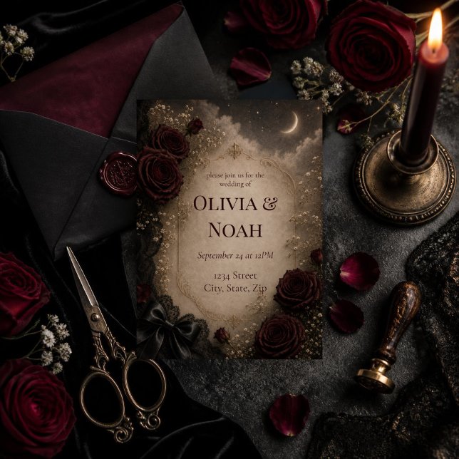 Convite Casamento Dark Romântico Gótico Rosa & Lua (Elegant gothic wedding invitation featuring deep burgundy roses, antique parchment.)