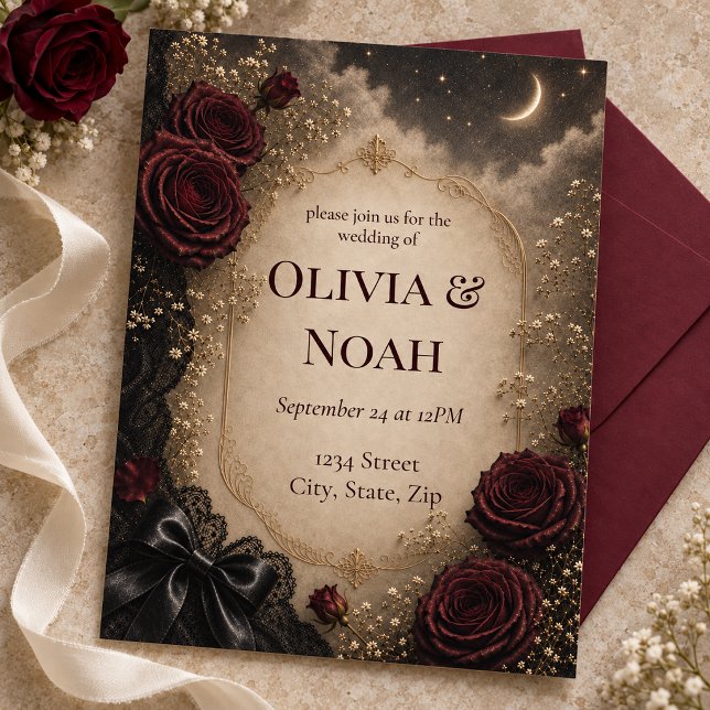 Convite Casamento Dark Romântico Gótico Rosa & Lua (Elegant gothic wedding invitation featuring deep burgundy roses, antique parchment.)
