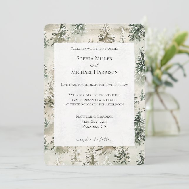 Convite Casamento das Árvores de Pinheiro Verde (Em pé/Frente)