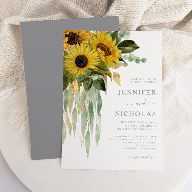 Convite Casamento das Cinzas sunflores modernas (Modern Gray Sunflowers Wedding Invitation)