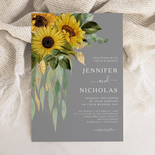 Convite Casamento das Cinzas sunflores modernas (Modern Gray Sunflowers Wedding Invitation)