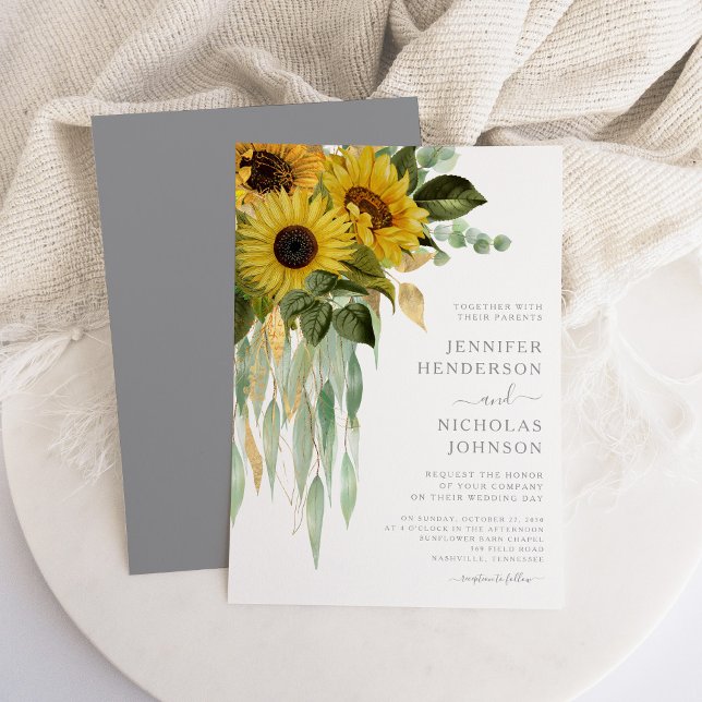 Convite Casamento das Cinzas sunflores modernas (Modern Gray Sunflowers Wedding Invitation)