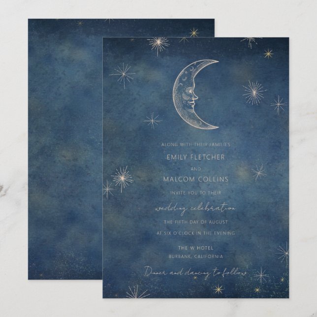 Convite Casamento das Estrelas da Lua Azul Celestial à Mei (Frente/Verso)