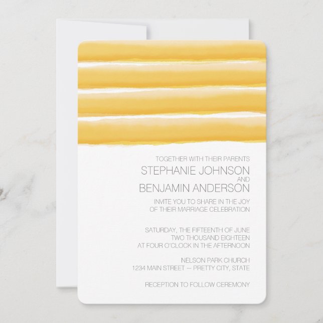 Convite Casamento das faixas de água amarelas e Cinzas (Frente)
