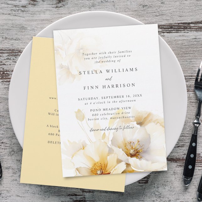 Convite Casamento das Flores Douradas Amarelas brancas Ele (Elegant White Yellow Gold Flowers Details Wedding Invitation)