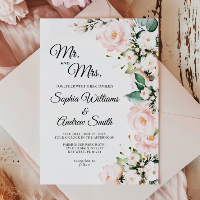 Convite Casamento das Flores Rosa de Elegante Blush (Criador carregado)
