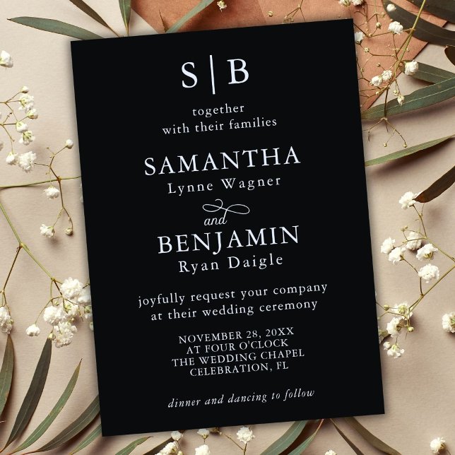 Convite Casamento das Iniciais do Monograma Branco e Preto (Criador carregado)