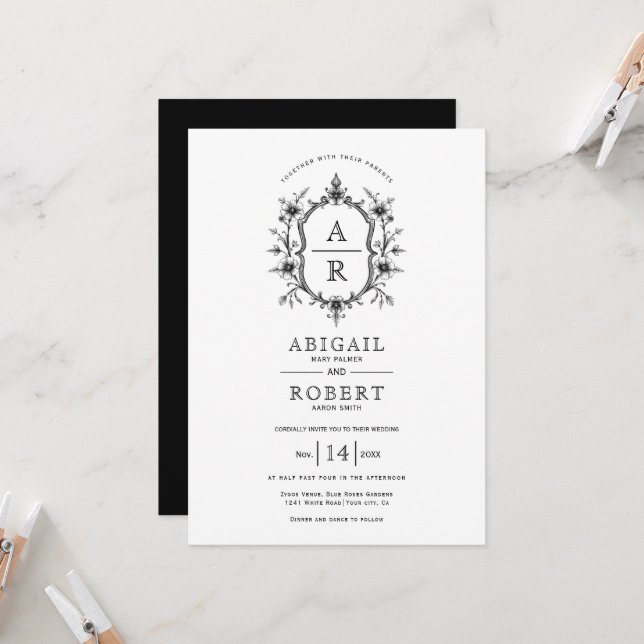 Convite Casamento das iniciais florais da crista branca pr (Frente/Verso In Situ)