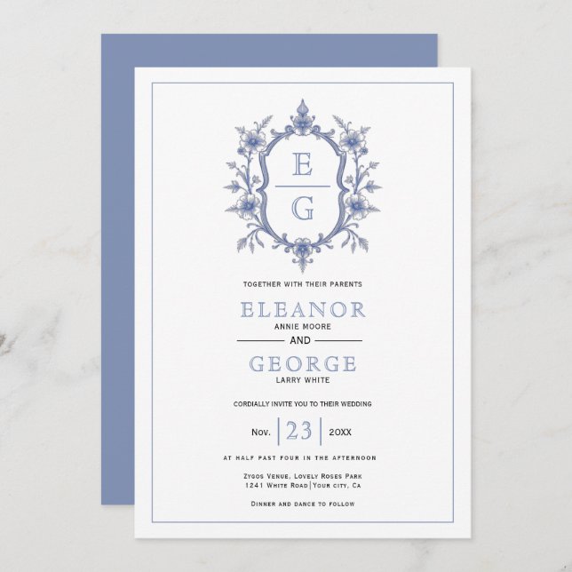 Convite Casamento das iniciais florais da lua azul (Frente/Verso)