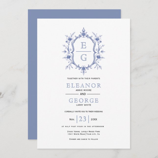 Convite Casamento das iniciais florais da lua azul (Frente/Verso)