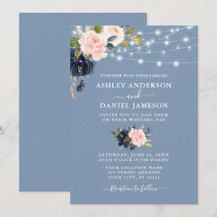 Convite Casamento das Luzes Florais Azul-Rosa Elegante
