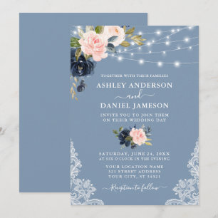Convite Casamento das Luzes Florais Azul-Rosa Elegante