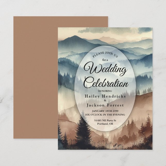 Convite Casamento das Montanhas Dusty Blue e Mocha Brown (Frente/Verso)