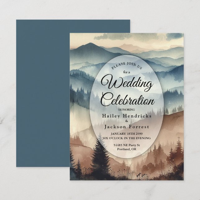 Convite Casamento das Montanhas Dusty Blue e Mocha Brown (Frente/Verso)