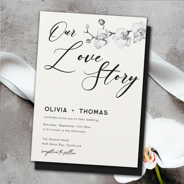 Convite Casamento das Orquídeas Brancas Negras Modernas (our love story modern white orchids wedding invitation elegant boho romantic calligraphy black white)