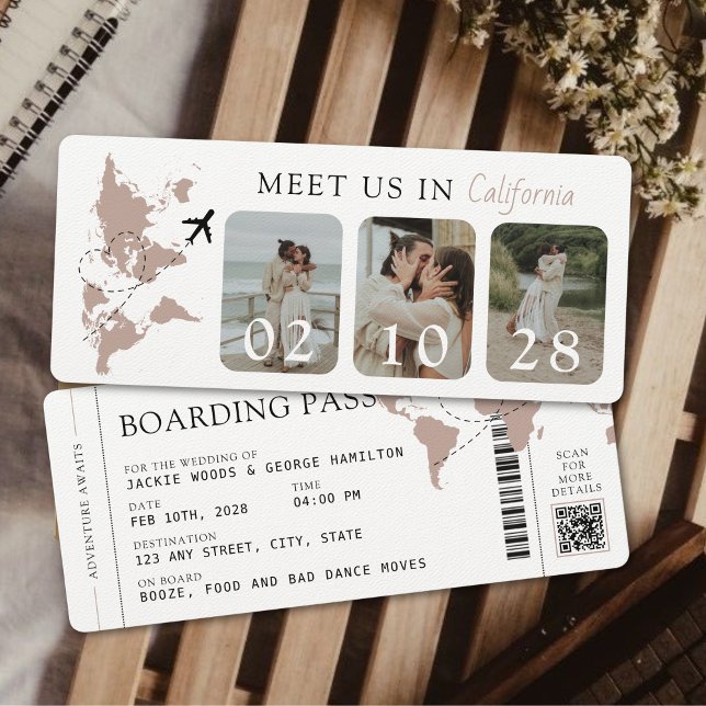 Convite Casamento de 3 Fotografias Beige Neutral (Boarding Pass Unique Wedding Invitation with 3 Photos Meet us In Destination Passport Travel Beige)