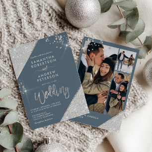 Convite Casamento de 3 Fotos com Azul de Gelo Moderno e La