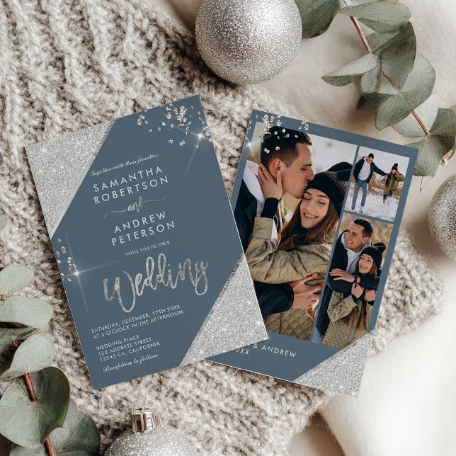 Convite Casamento de 3 Fotos com Azul de Gelo Moderno e La (Modern Ice Blue and Silver Glitter 3-Photo Wedding Invitation)
