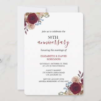 Convite Casamento de 50 anos com flores de aquarela vermel