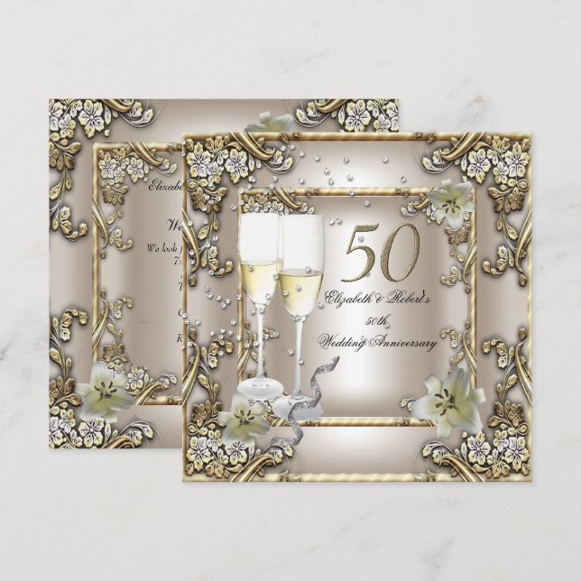 Convite Casamento de 50 anos Cream Dourada Lily (Frente/Verso)