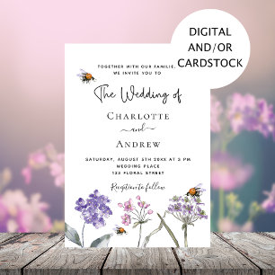 Convite Casamento de abelha rosa púrpura com flores silves