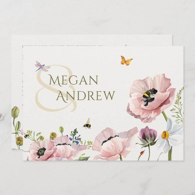 Convite Casamento de abelhas florais estéticas (Frente/Verso)