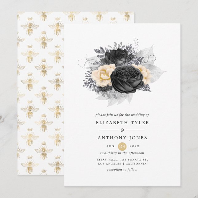 Convite Casamento de Abelhas Florais Preto e Dourado Vinta (Frente/Verso)