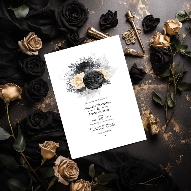 Convite Casamento de Abelhas Florais Preto e Dourado Vinta (Criador carregado)