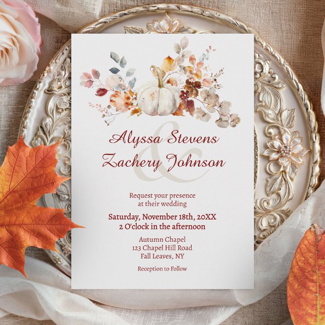 Convite Casamento de Abóbora e Folhas de Outono Rústico (White Pumpkin Autumn Leaves Fall Wedding Invitation)